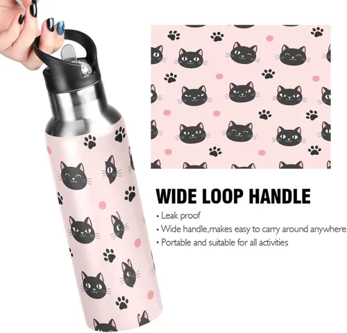 Miniatura 4 de Cute Black Cat Pink Stainless Steel Water Bottle 20 Oz, BPA-Free Sports Water Bottle with Straw Leakproof Water Bottles