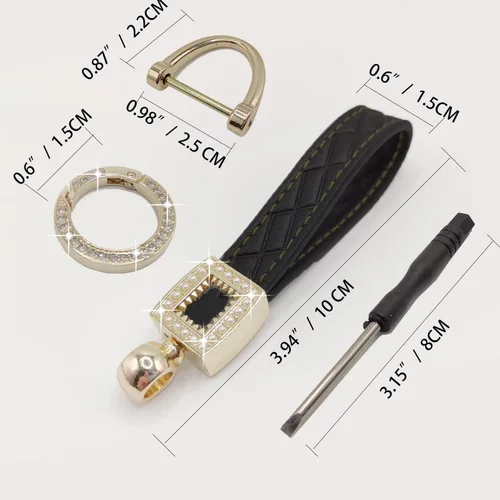 Miniatura 3 de Llavero de cuero de microfibra, llaveros de diamantes brillantes para mujer, soporte para llavero de automóvil con rotación de 360 grados
