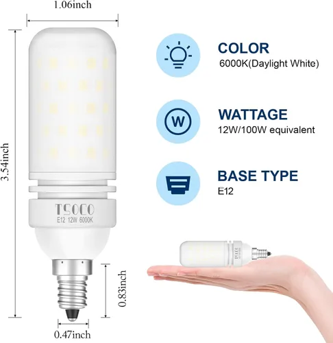Miniatura 2 de Bombillas LED E12, bombillas de araña de 12 W, 6000 K, luz blanca diurna, equivalente a 1200 lúmenes, 100 W, bombillas de ventilador de techo