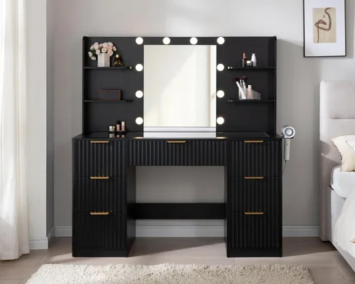 Miniatura 2 de AMERLIFE Escritorio estriado de 47.2 pulgadas con espejo y luces LED ajustables, mesa grande de tocador de maquillaje con 7 cajones con parte Negro