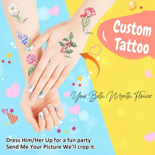 Miniatura 2 de Tatuajes temporales personalizados, tatuajes de flores de nacimiento personalizados para cumpleaños, boda, despedida de soltera, 1 juego de 15