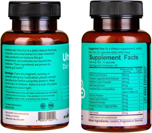 Miniatura 2 de AvailNaturals Ultra Gut - Limpieza diaria de 15 días, 30 cápsulas con 2.5 mil millones de probióticos UFC, fibra dietética, extracto de hoja de sena