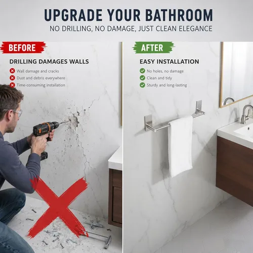 Miniatura 7 de Songtec Barra para Toallas de Baño de 16 Pulgadas, Porta Toallas Sin Taladro, Fácil Instalación con Autoadhesivo, Acero Inoxidable Premium SUS304