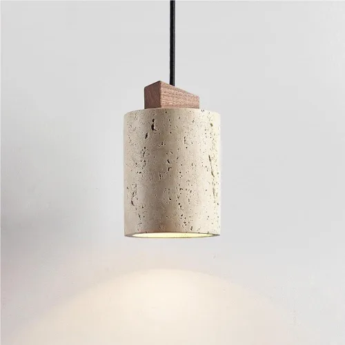 Yellow Travertine Pendant Light Vintage Cylinder Hanging Lamp with E26/E27 Base Japanese Style Solid Wood Chandelier for Kitchen Island Farmhouse