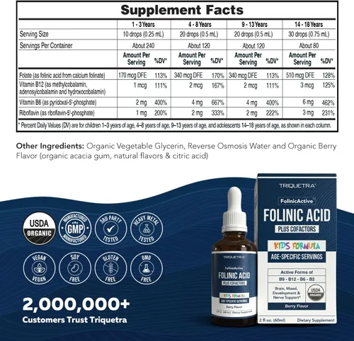 Miniatura 8 de Organic FolinicActive Kids - Ácido folínico + coactores B12, B6 y B2 - Soporte de metilación suave para el estado de ánimo, energía y cognición