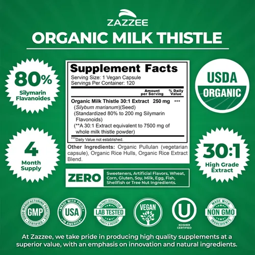 Miniatura 3 de Zazzee Extracto de Cardo Mariano Orgánico USDA 30:1, 7500 mg de Potencia, 120 Cápsulas Veganas, 80% Flavonoides de Silimarina, Extracto
