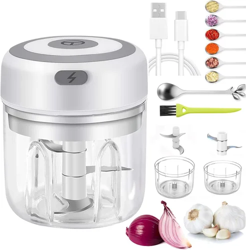 Miniatura 8 de Mini picadora eléctrica de ajo y procesador de alimentos con cuchara y cepillo, licuadora portátil de verduras inalámbrica de 2 tazas, picadora