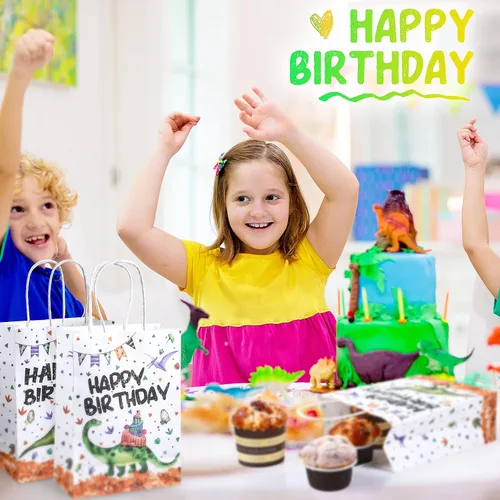Miniatura 5 de Containlol 16 bolsas de papel para fiesta de cumpleaños de dinosaurio, bolsas de regalo de cumpleaños con asa para niños y niñas, temática