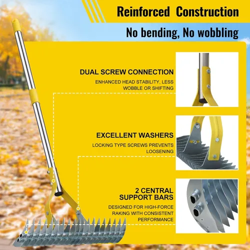 Miniatura 6 de Rastrillo de paja 2 en 1 de acero inoxidable para hojas de paja, 55 pulgadas, resistente 19 púas, desrastrador manual de césped con cabeza