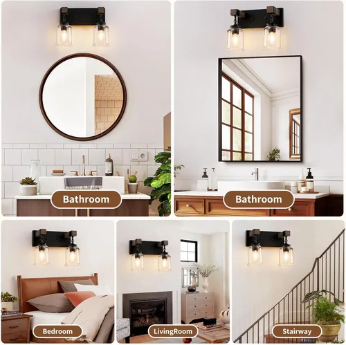 Miniatura 7 de VbiTmn Accesorios de Iluminación para Baño Estilo Granja, Lámpara de Tocador para Baño de 2 Luces Negro Mate, Estilo Industrial con Pantallas