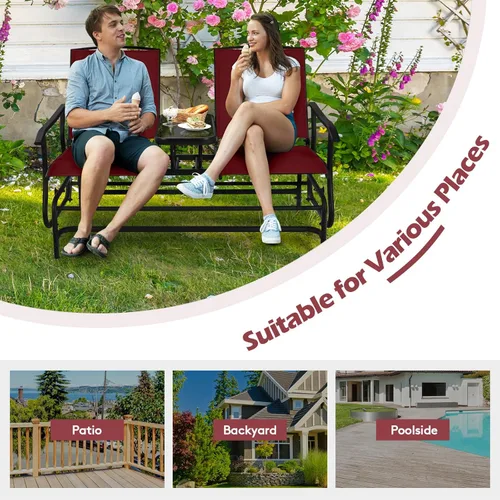 Miniatura 9 de Tangkula Silla mecedora para 2 personas, sofá biplaza mecedora para patio con mesa central de vidrio templado, banco de columpio para exteriores