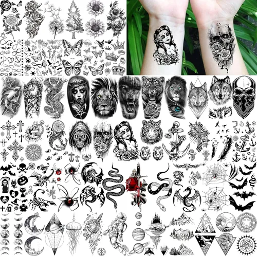 Miniatura 5 de COKTAK 68 hojas de tatuajes temporales grandes para manga de medio brazo para hombres y mujeres, tatuajes temporales falsos de Halloween de tribu
