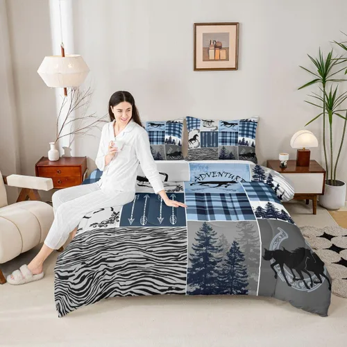 Miniatura 50 de Juego de edredón de oso y ciervo, tamaño individual, ropa de cama de animales salvajes de caza, colcha rústica de cabaña, casa de campo, cuadros