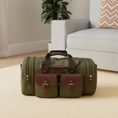 Miniatura 2 de Wildroad Bolsa de viaje de lona de 50L, bolsa de lona expandible de cuero genuino, bolsa de fin de semana mejorada para una noche, bolsa de mano