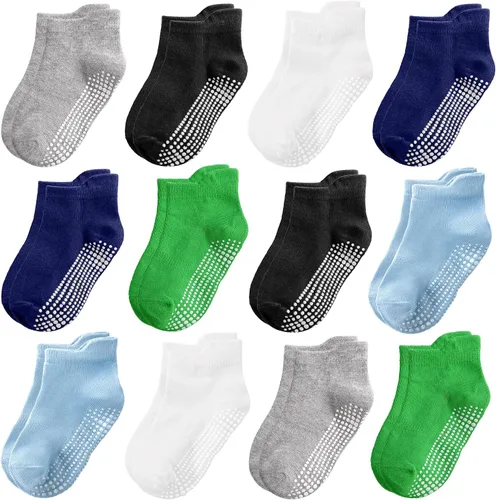 Miniatura 10 de Tphon Calcetines antideslizantes para niños pequeños, 12 pares de calcetines de agarre para niños y niñas, calcetines de tobillo con agarre