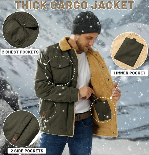 Miniatura 5 de TACVASEN Chaqueta de Invierno para Hombre con Forro Polar Sherpa Abrigo Tipo Cargo Chaqueta Trucker Cálida y Gruesa con Múltiples Bolsillos