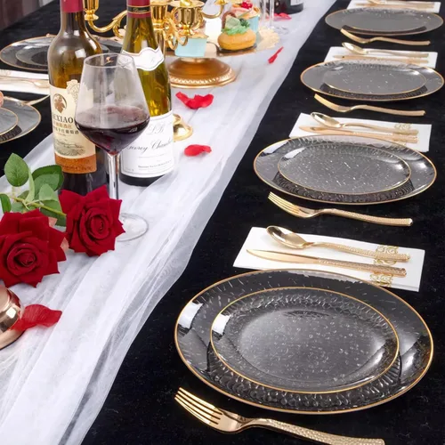Miniatura 6 de Hioasis 60 piezas de platos de plástico negro - Juego de vajilla desechable con borde dorado, martillado, resistente, adecuado para 30 invitados