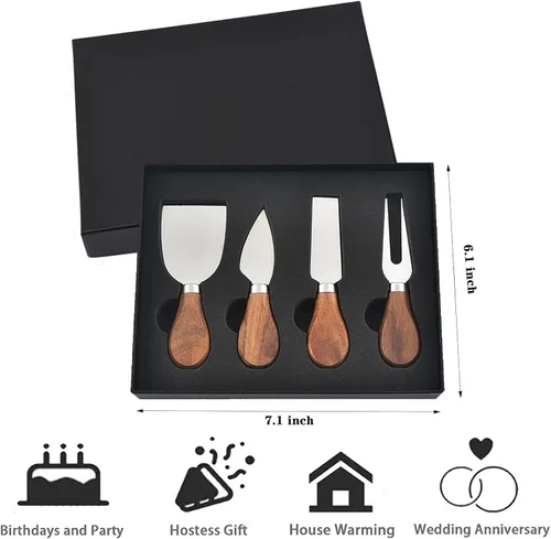 Miniatura 6 de Juego de 4 Piezas de Cuchillos para Queso - Cuchillos para Queso de Acero Inoxidable con Mango de Madera de Acacia - Juego de Cuchillos de 4 pzas
