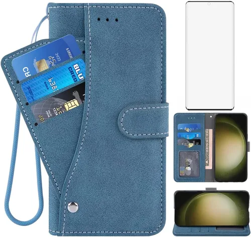 Asuwish Funda tipo cartera compatible con Samsung Galaxy S23 Ultra 5G y protector de pantalla de vidrio templado, soporte para tarjetas, accesorios