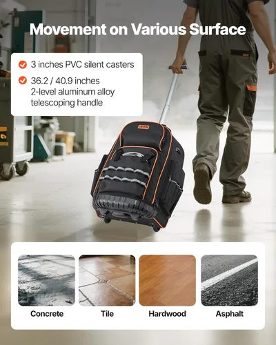 Miniatura 4 de VEVOR Mochila para herramientas rodantes, capacidad de carga de 110 libras, 72 bolsillos, bolsa de herramientas resistente sobre ruedas, mango