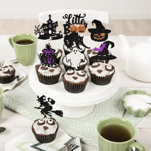 Miniatura 4 de Rsstarxi Paquete de 24 adornos para cupcakes Little Boo con purpurina, bruja, gato, calabaza, castillo, fantasma, magdalenas, alimentos, decoración