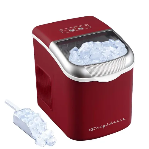 FRIGIDAIRE Máquina de hacer hielo compacta retro, hielo bala, 26 libras por día (MerlotRed)
