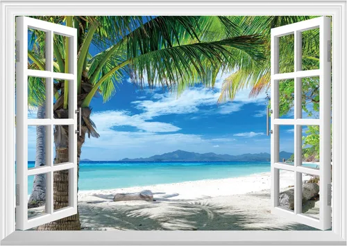Miniatura 10 de FLFK Adhesivo de pared con ventana falsa - Mural de pared con ventana falsa de atardecer en la playa para decoración de pared, adhesivos de pared