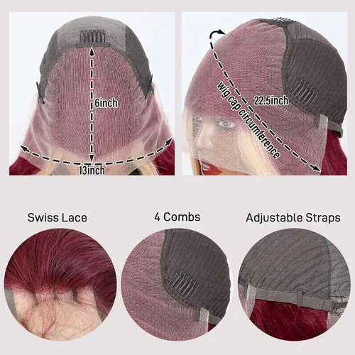 Miniatura 6 de HANASCC Pelucas de cabello humano con encaje frontal 99J color borgoña de 28 pulgadas, densidad del 250 %, 13 x 6, HD 613, pelucas de cabello humano