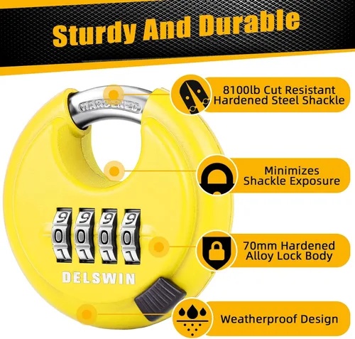 Miniatura 2 de DELSWIN Candado de disco de combinación de 4 dígitos con grillete de acero endurecido Combo Lock para cobertizos, unidad de almacenamiento, Amarillo