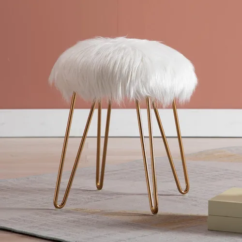 DUHOME Otomana de piel sintética, taburete de maquillaje redondo con patas de metal dorado para dormitorio, sala de estar, color blanco