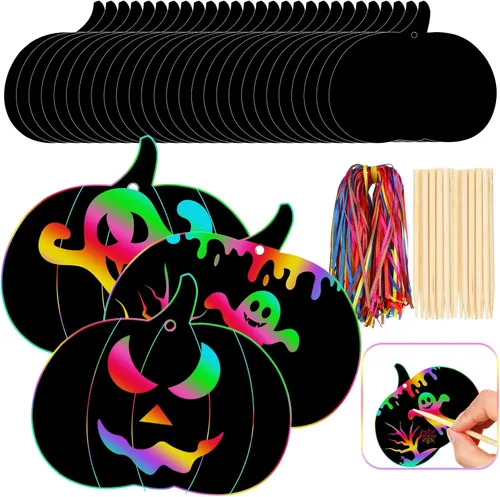 Jenaai Juego de 150 manualidades de papel de Halloween para rascar, 50 tarjetas de rascar de calabaza, 50 palos de madera, 150 cintas para arte de
