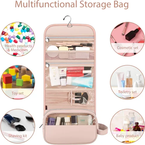 Miniatura 4 de Fintie - Bolsa de viaje portátil para cosméticos y artículos de aseo, gran organizador colgante resistente al agua para maquillaje, estuche de Rosa