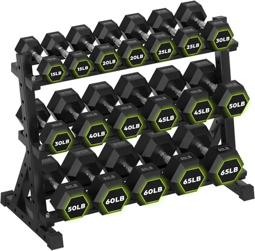 Miniatura 22 de HANDBODE Soporte para mancuernas de 3 niveles, estante de almacenamiento de capacidad de 1000 libras, estante de pesas para mancuernas, pesas rusas