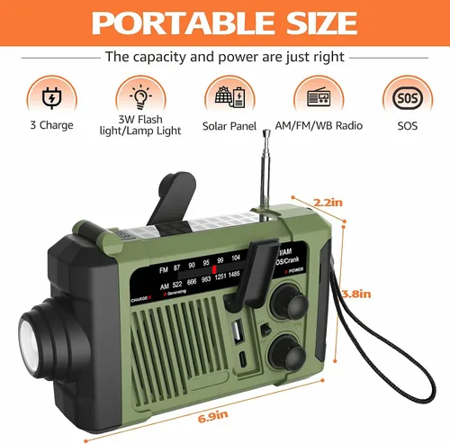 Miniatura 7 de NOAA radio meteorológica alertas portátiles AM FM, radio de emergencia al aire libre solar/manivela/carga USB, funciona con pilas, alarma