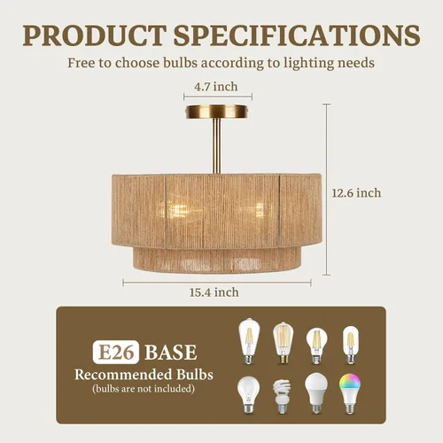 Miniatura 2 de Lámpara de techo semiempotrada de 16'', accesorios de iluminación bohemios, lámpara de techo empotrada de cuerda de cáñamo costera de 3 luces