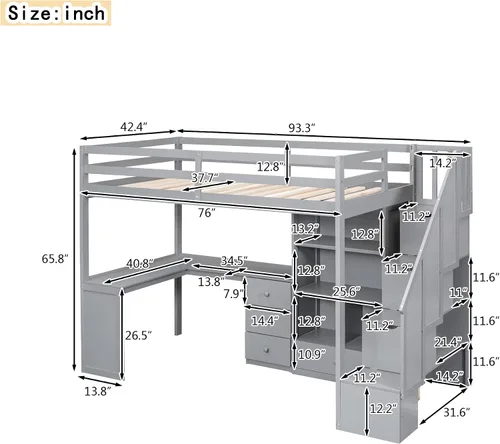 Miniatura 2 de Cama tipo loft de tamaño individual con escritorio en forma de L y 3 cajones, marco de cama de madera con escalera y armario de almacenamiento