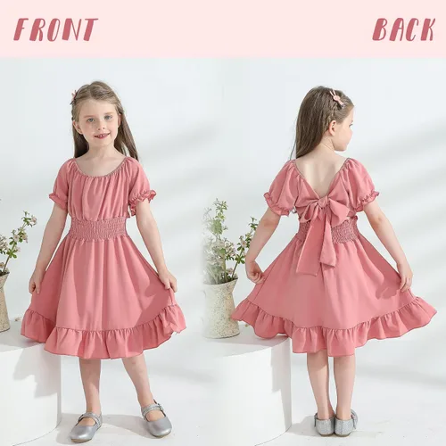 Miniatura 2 de YOUNGER TREE Vestido de fiesta para niña pequeña, con lazo en la espalda, manga corta, volantes, hombros descubiertos, vestido de fiesta casual