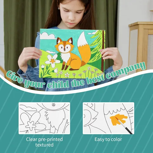 Miniatura 4 de 8 paquetes de lienzo preimpreso para pintar lienzo para niños, 48 pinturas, 8 pinceles, 2 caballetes, 8 lienzos impresos de 6x8 para niñas, niños