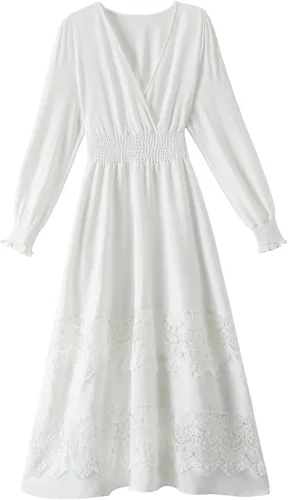 Miniatura 37 de Vestido largo de encaje para mujer de manga corta y cuello en V, vestido de fiesta estilo bohemio con cintura fruncida, vestido bohemio para mujer