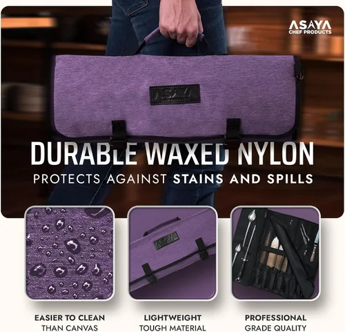 Miniatura 3 de Asaya Bolsa de nailon encerado para cuchillos de chef con 20 ranuras y bolsillos con cremallera, bolsa profesional para cuchillos de chef y estuche