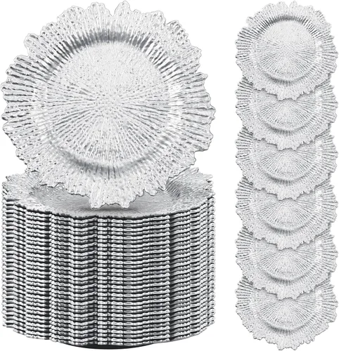 Miniatura 15 de Tanlade 50 Platos Base Plateados al Por Mayor, Plato Base Redondo de Plástico de 13", Platos Base Brillantes Plateados para Mesa, Platos de Servicio