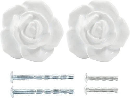 Bonsicoky 2 tiradores de cajón de rosas blancas, pomos de cerámica para decoración de cajones, gabinetes, aparadores, armarios, puertas Blanco