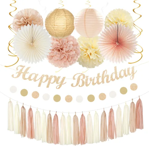 Miniatura 13 de Cartel de feliz cumpleaños rosa y negro para decoración de fiesta – 31 piezas de oro rosa 14º 40º para mujeres y niñas, faroles de papel
