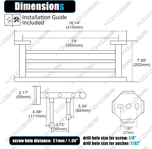 Miniatura 2 de KOKOSIRI Estante de Toallas de Baño con Soporte de Toallas de 16 Pulgadas con Barras de Toallas Dobles Montado en Pared, Acero Inoxidable Cromado