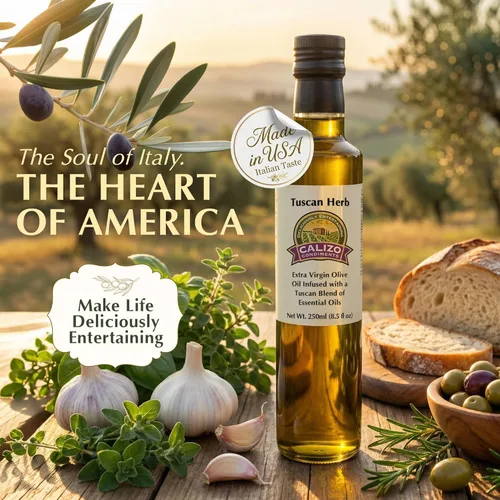 Miniatura 2 de Calizo Aceite de oliva toscano con infusión de hierbas, botella de vidrio de 8.5 fl oz, AOVE virgen extra prensado en frío con albahaca real