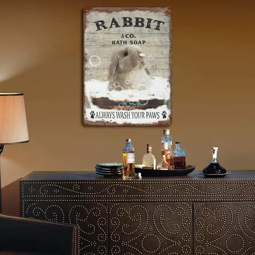 Miniatura 5 de Plato colgante de hierro vintage con diseño de conejo y jabón de baño de metal, letrero de lata de «Wash Your Paws», divertido letrero de conejo