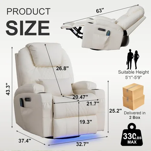 Miniatura 2 de Silla reclinable giratoria de doble motor para adultos con calor y masaje, mecedora eléctrica de pared para guardería, sala de estar con luces LED