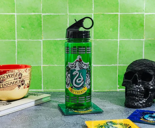 Miniatura 4 de Silver Buffalo Harry Potter Movie 1-8 Slytherin Crest with Dashes Botella de agua Tritan con popote abatible, 20 onzas