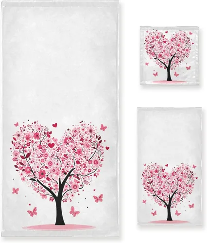 Miniatura 10 de Juego de 3 toallas románticas a cuadros con diseño de corazón rosa con resorte de globo, toallas de baño suaves y absorbentes, toallas de mano