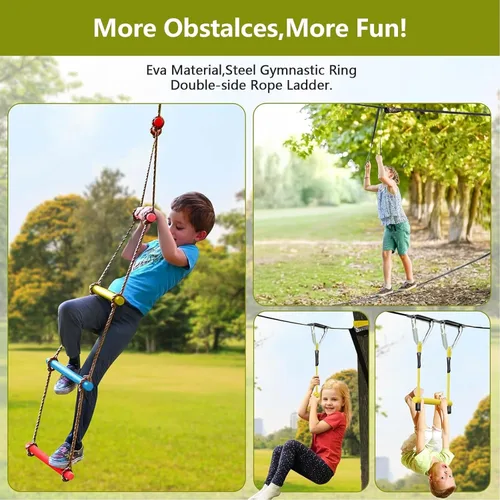 Miniatura 13 de Ninja Warrior - Carrera de obstáculos para niños, kit de línea floja de 2 x 56 pies con 10 accesorios ninja, barra de mono, escalera de cuerda